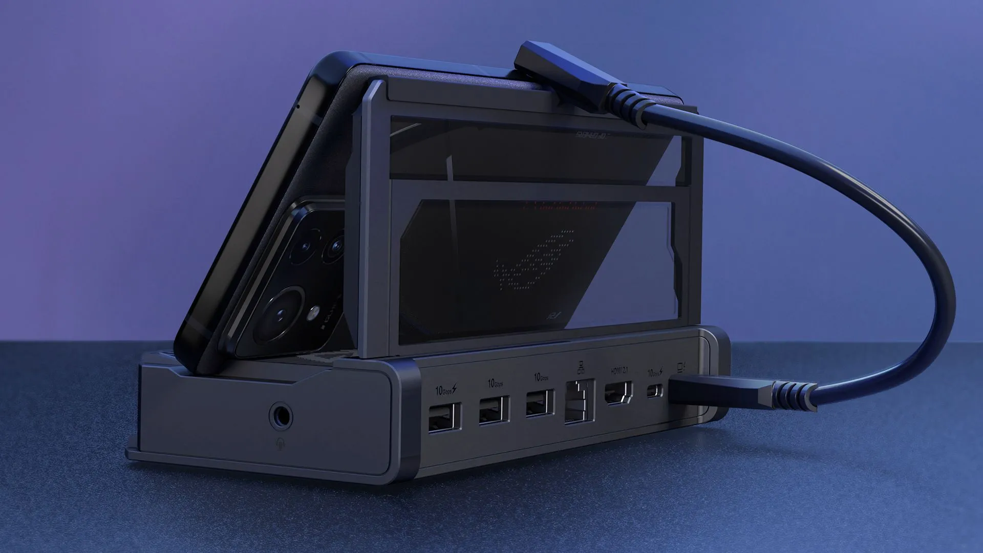 Dock ASUS ROG Bulwark hiển thị các cổng kết nối và thiết kế chân đế gập tiện lợi
