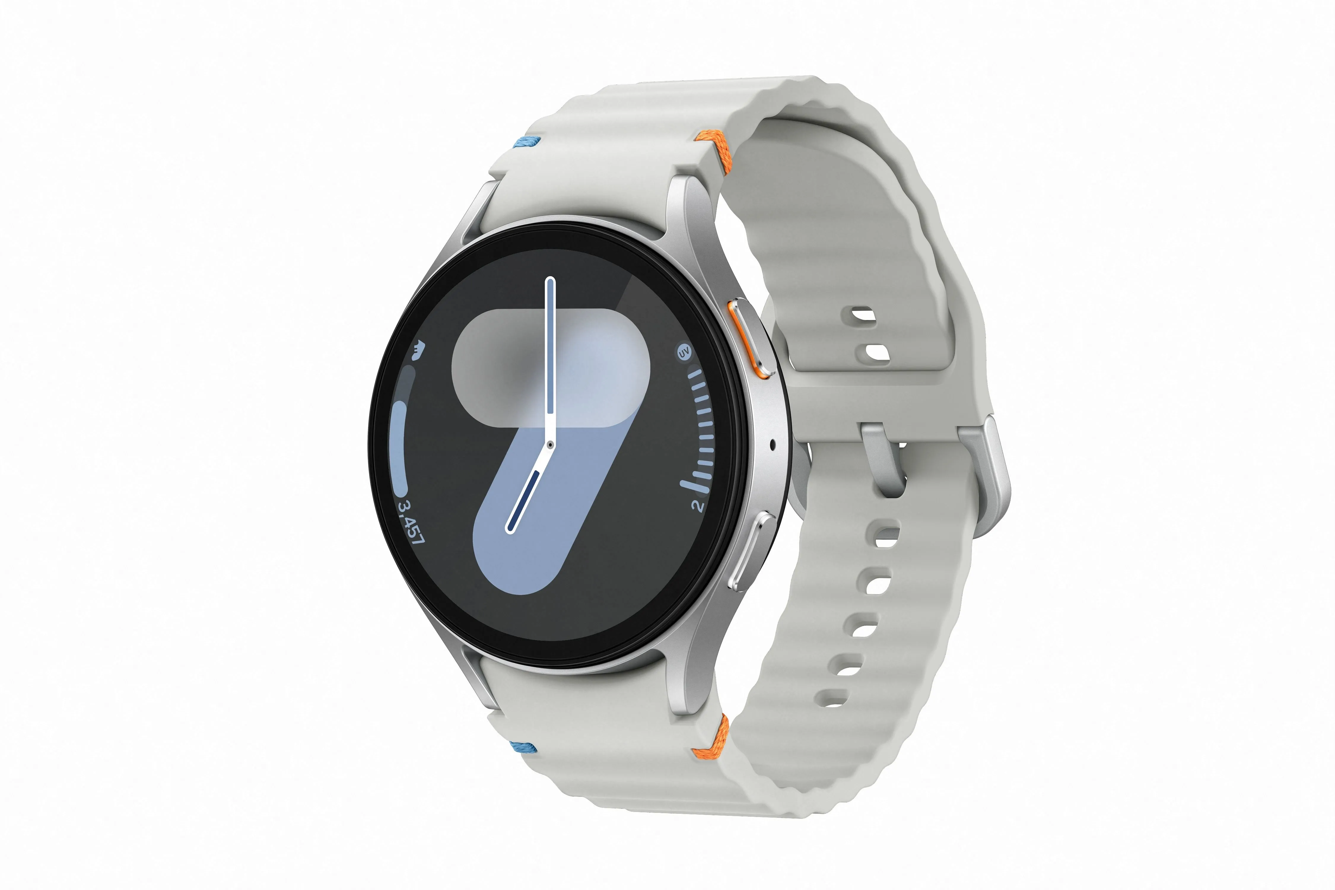 Đồng hồ thông minh Samsung Galaxy Watch 7 màu kem hiển thị mặt đồng hồ sáng rõ trên cổ tay, thể hiện thiết kế tinh tế và màn hình 40mm sống động.