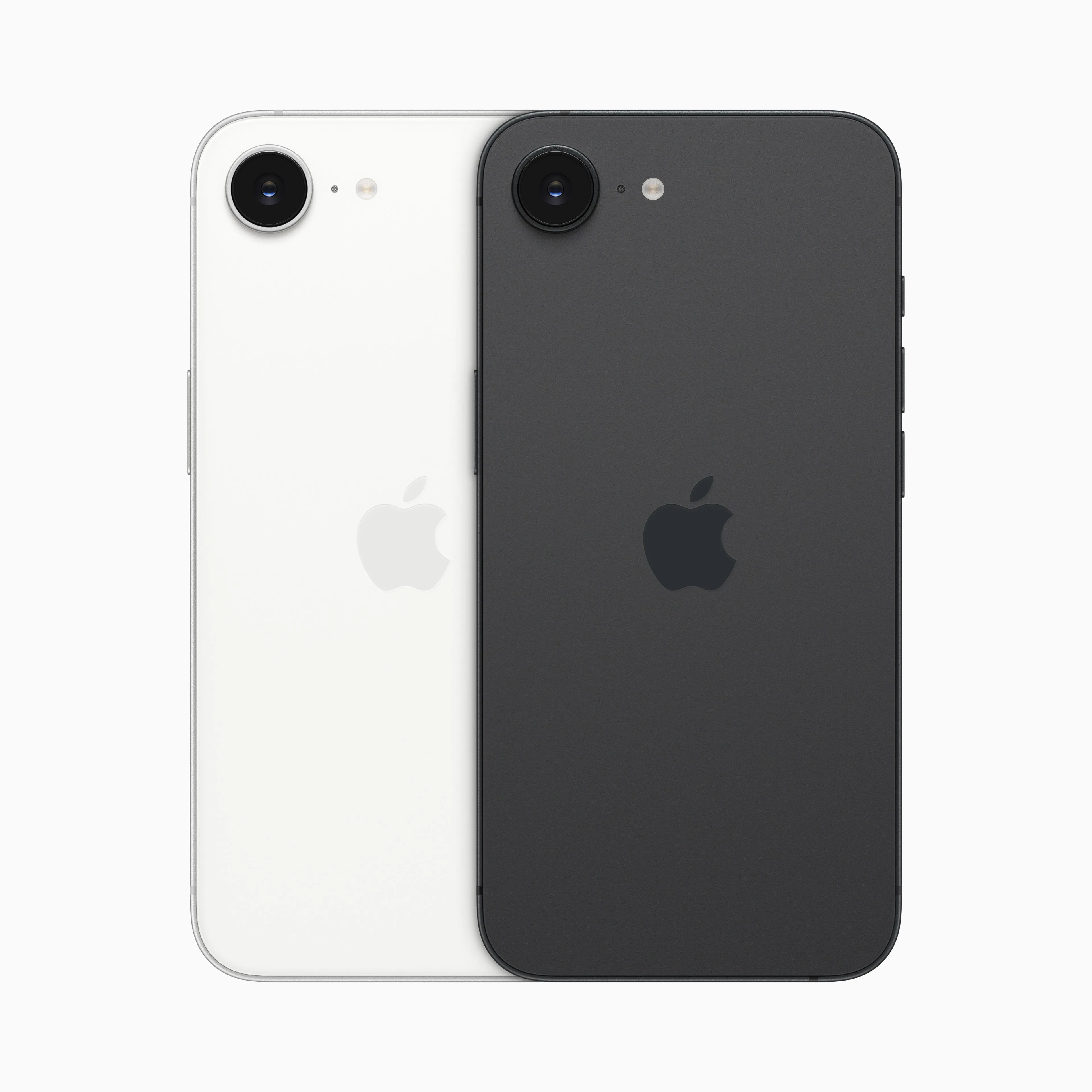 Dòng sản phẩm iPhone 16e với các tùy chọn màu sắc cơ bản từ mặt trước và mặt sau.