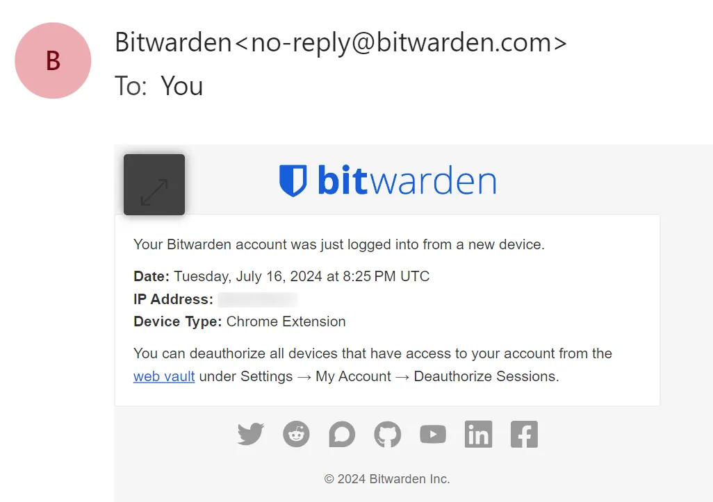 Email cảnh báo đăng nhập từ Bitwarden, cho biết có hoạt động đăng nhập đáng ngờ từ một thiết bị hoặc vị trí mới, giúp người dùng chủ động bảo vệ tài khoản