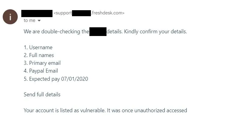 Email lừa đảo yêu cầu cung cấp thông tin cá nhân nhạy cảm