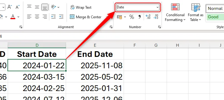 Excel nhận dạng định dạng ngày tháng trong nhóm Number của thẻ Home, cho phép sử dụng trong công thức.