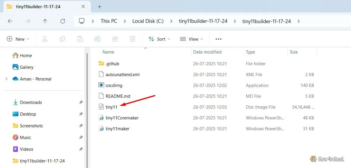 File ISO Tiny11 mới đã được tạo và lưu trữ trong thư mục Tiny11