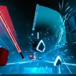 Game Beat Saber trong VR với kiếm ánh sáng màu đỏ và xanh đang chém các khối nhạc