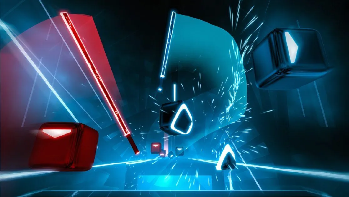 Game Beat Saber trong VR với kiếm ánh sáng màu đỏ và xanh đang chém các khối nhạc