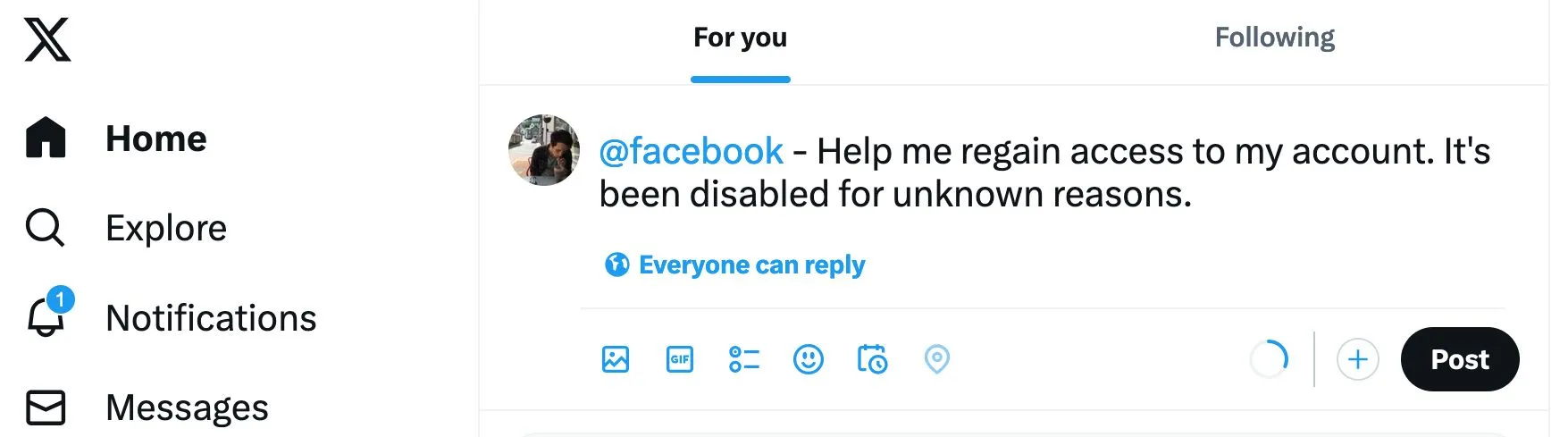 Gắn thẻ tài khoản Facebook chính thức trên nền tảng X (trước đây là Twitter) để thu hút sự chú ý và tìm kiếm hỗ trợ về tài khoản hoặc các vấn đề liên quan.