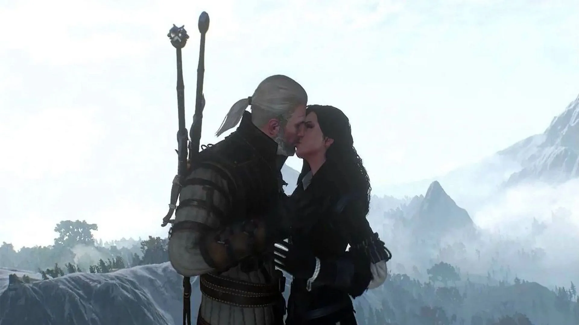 Geralt và Yennefer hôn nhau trong The Witcher 3: Wild Hunt, minh chứng cho tình yêu tác động đến cốt truyện.
