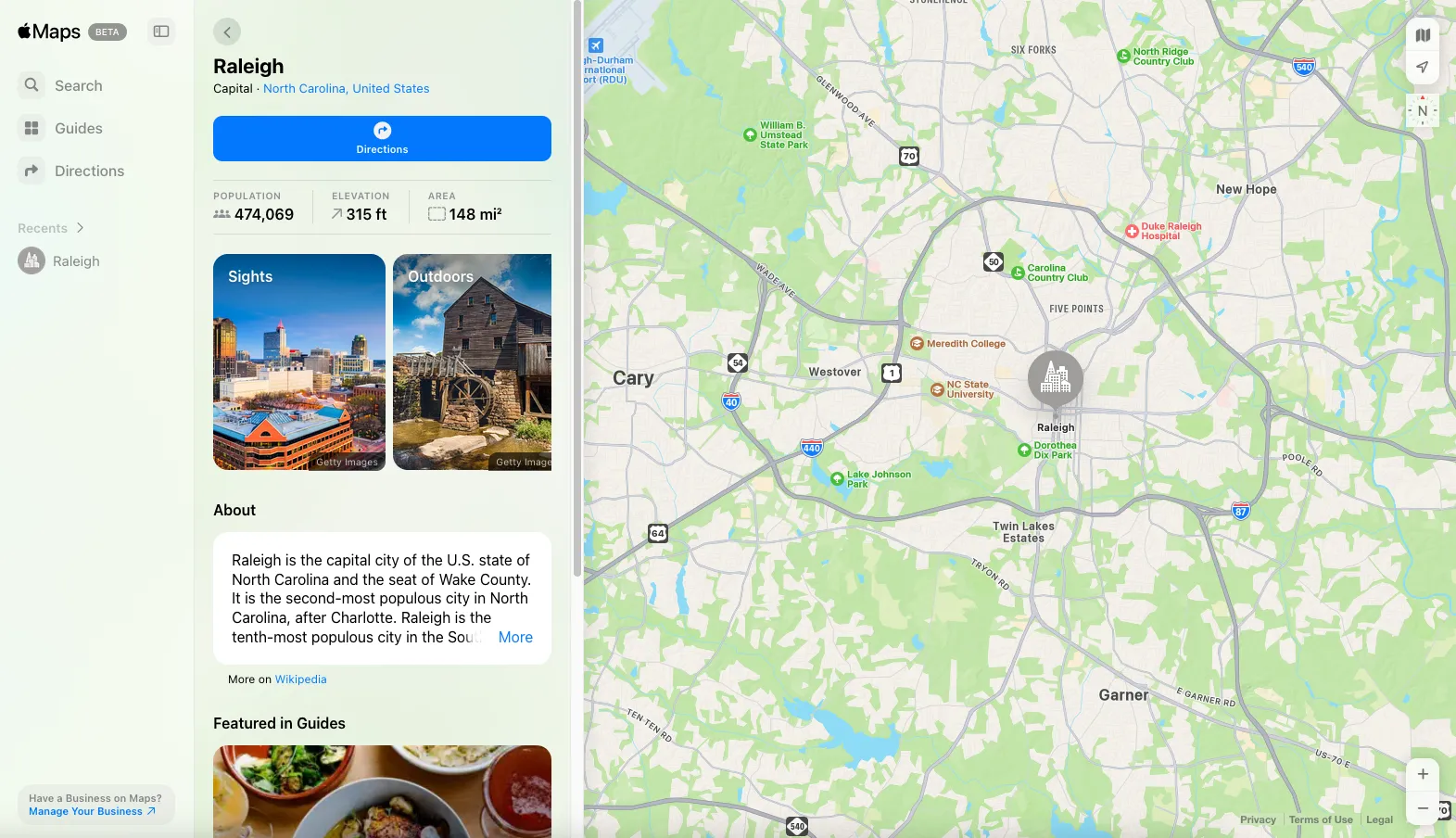 Giao diện Apple Maps phiên bản web beta hiển thị bản đồ thành phố Raleigh, NC.