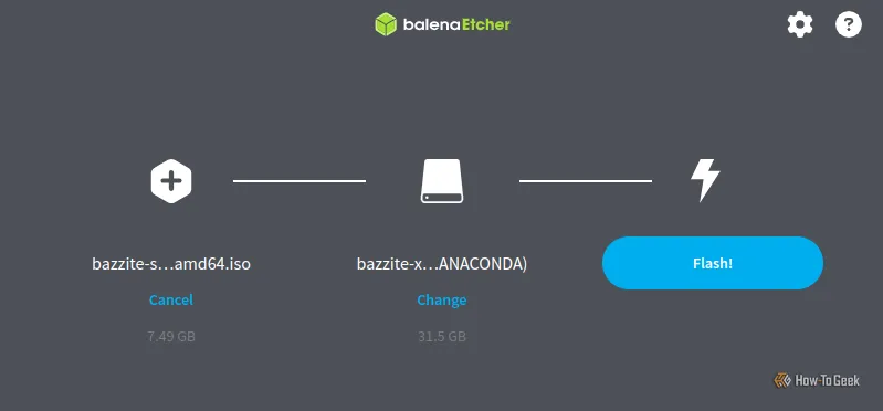 Giao diện Balena Etcher đã tải file ISO Bazzite và chọn ổ USB để ghi hình ảnh