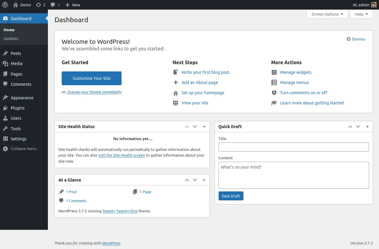 Giao diện bảng điều khiển WordPress sau khi cài đặt sạch, hiển thị các tùy chọn quản trị cơ bản.