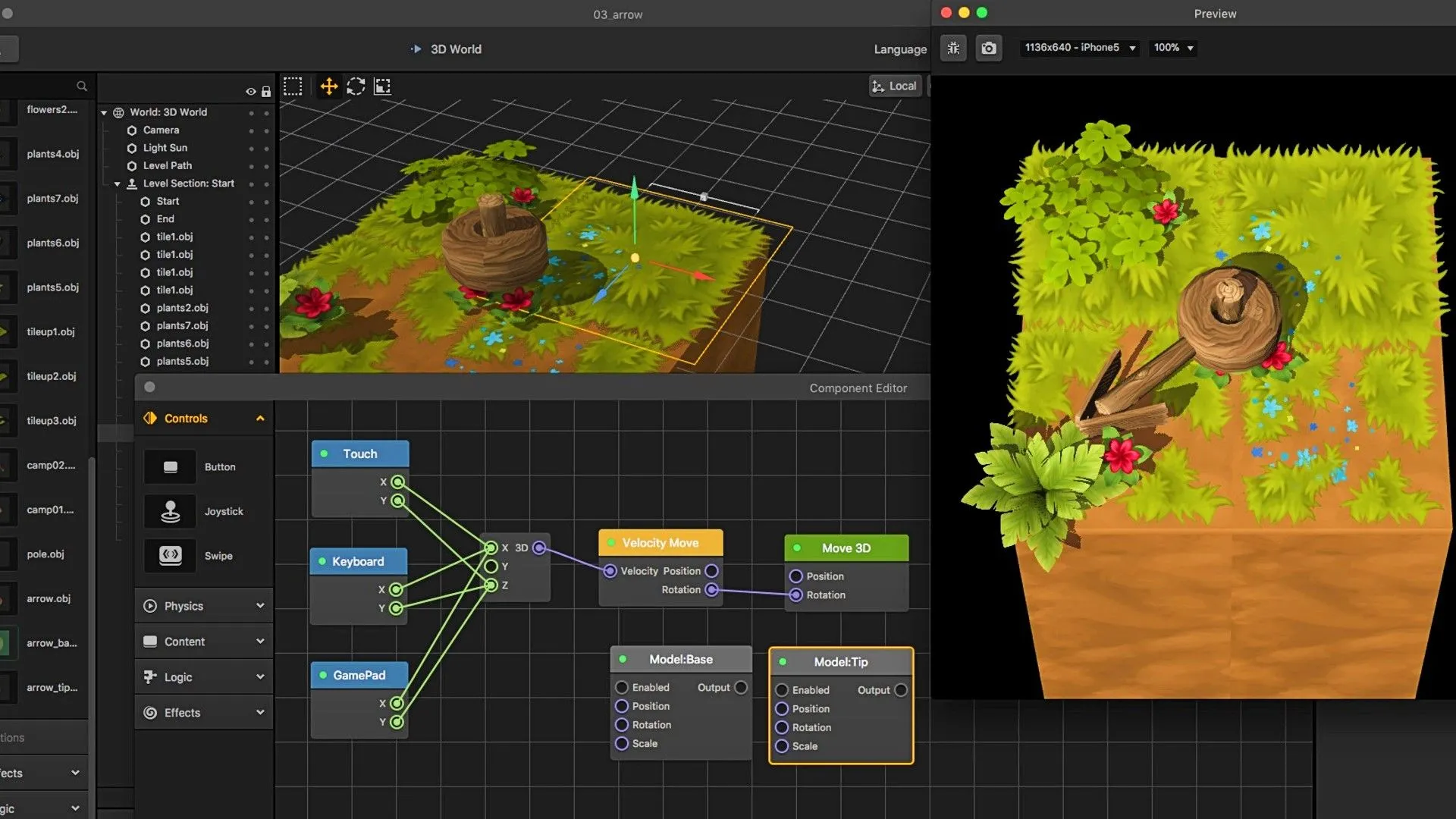 Giao diện Buildbox hiển thị việc chỉnh sửa môi trường game, minh họa công cụ làm game kéo thả cho Android