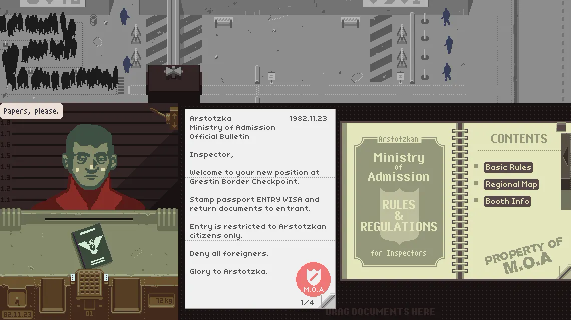 Giao diện buồng kiểm soát nhập cảnh của game Papers Please, nơi người chơi kiểm tra hộ chiếu và giấy tờ.
