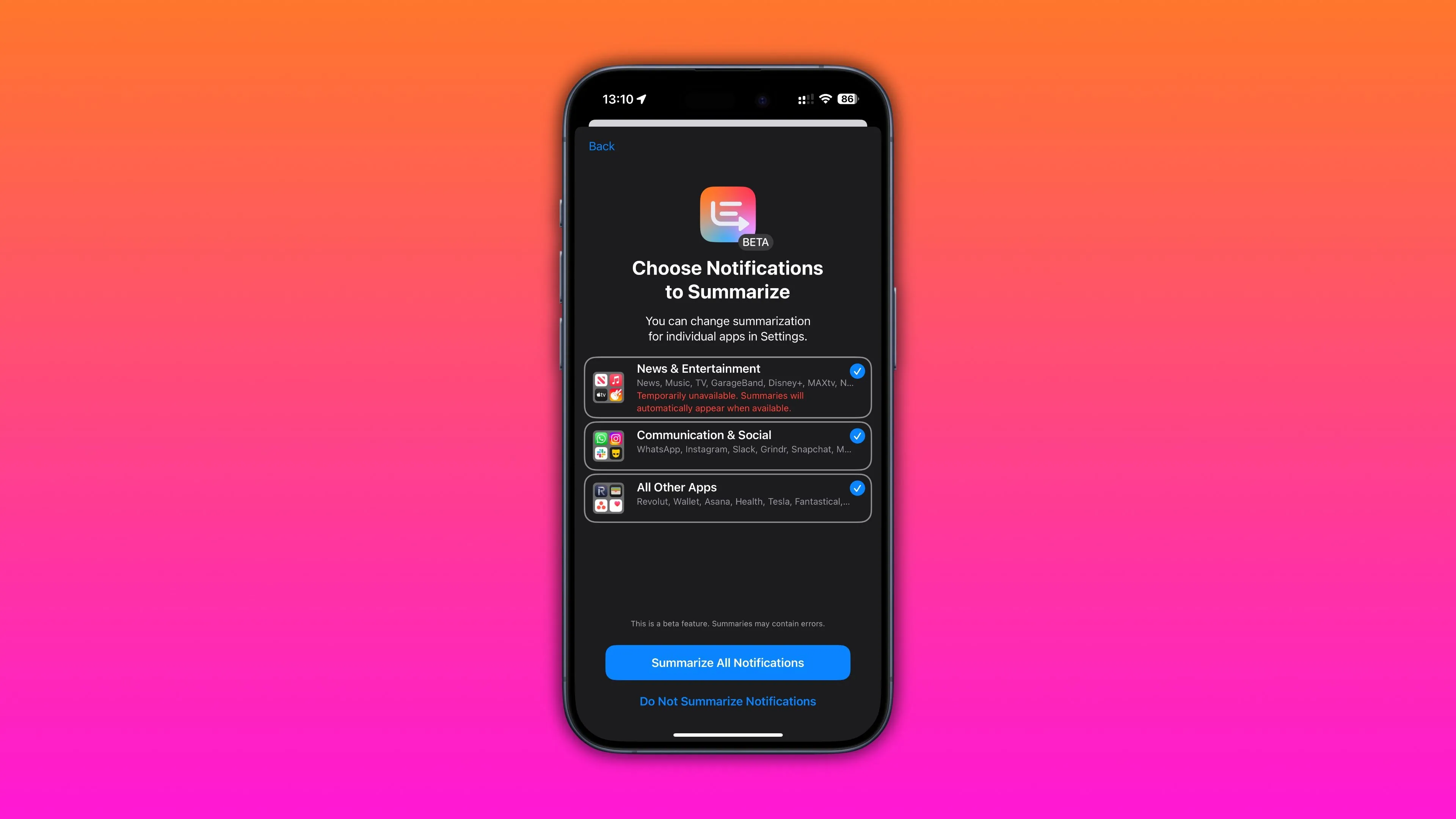 Giao diện cài đặt &quot;Tóm tắt thông báo&quot; trong ứng dụng Cài đặt trên iPhone, cho phép chọn ứng dụng hiển thị tóm tắt AI sau bản cập nhật iOS 18.3.