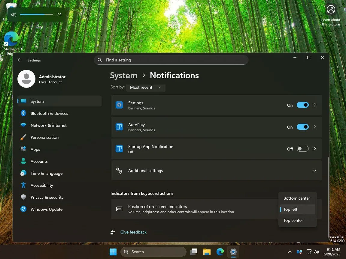Giao diện cài đặt tùy chỉnh vị trí hiển thị âm lượng và độ sáng trên Windows 11