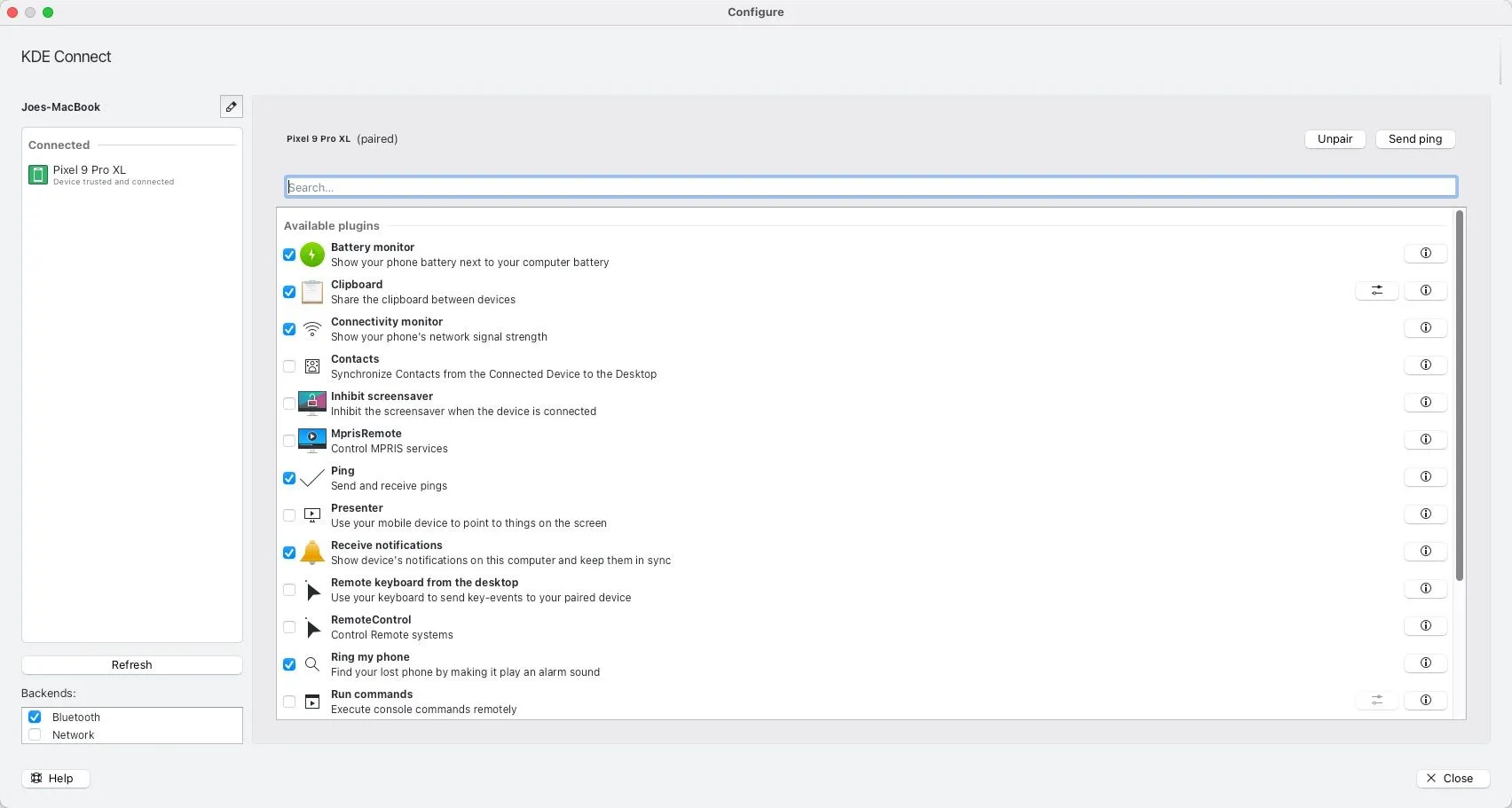 Giao diện cấu hình các plugin của KDE Connect trên macOS, hiển thị tùy chọn cho phép đồng bộ thông báo và chia sẻ clipboard giữa Mac và Android.