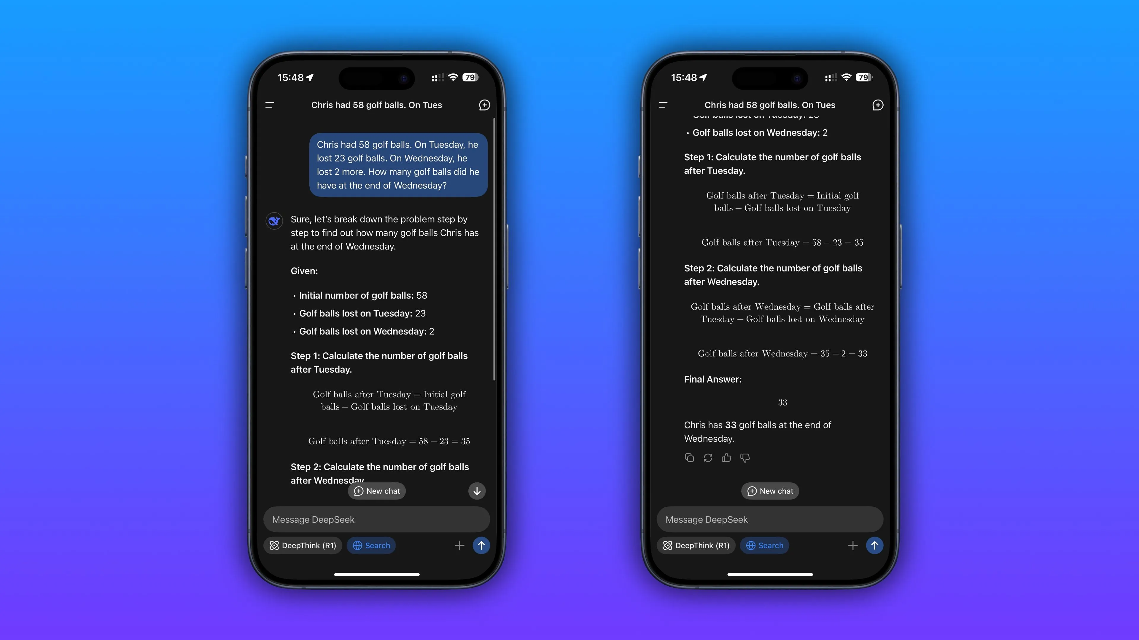 Giao diện chatbot DeepSeek AI trên iPhone, hiển thị cách mô hình đưa ra lập luận trước khi trả lời