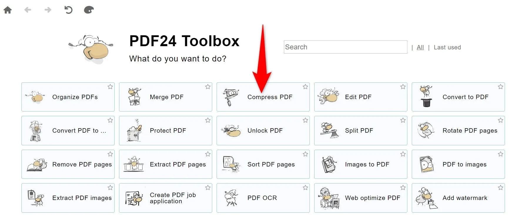 Giao diện chính của PDF24 Creator, chọn chức năng &quot;Compress PDF&quot; để bắt đầu nén tài liệu