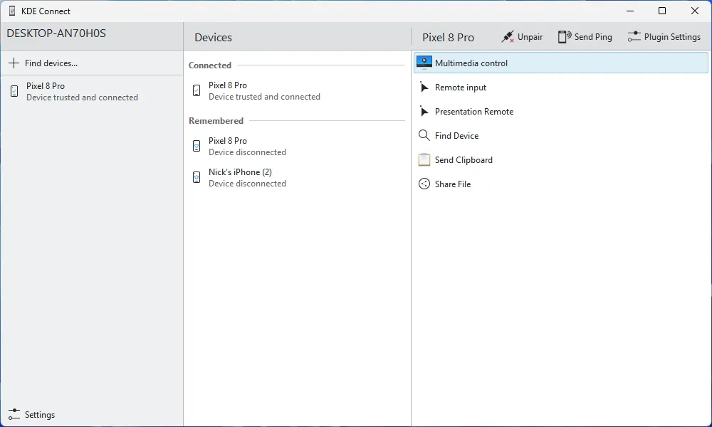 Giao diện chính của ứng dụng KDE Connect hiển thị các thiết bị đã kết nối.