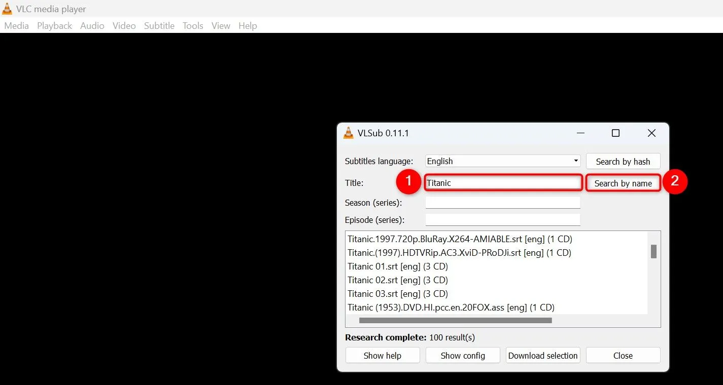 Giao diện công cụ VLsub của VLC, giúp tìm kiếm và thêm phụ đề cho video một cách tự động.