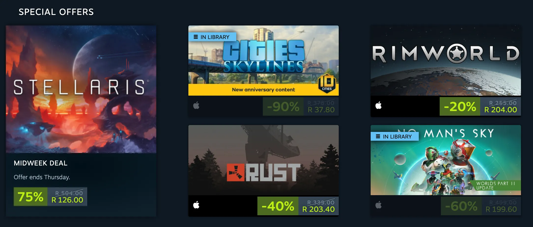 Giao diện của nền tảng Steam trên macOS hiển thị các trò chơi đang được giảm giá, khẳng định sự hiện diện của các cửa hàng game lớn trên hệ điều hành này.