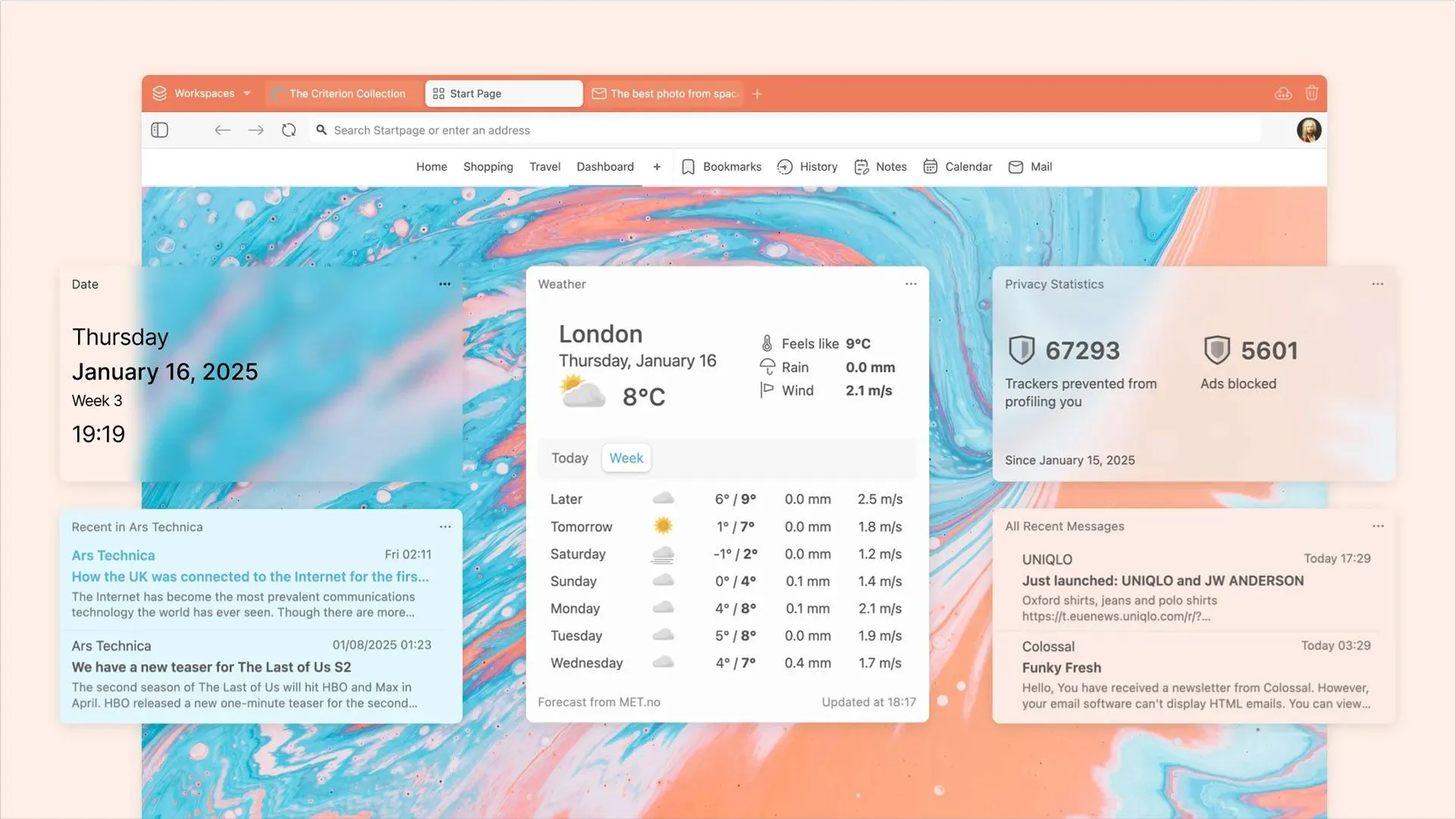 Giao diện Dashboard của trình duyệt Vivaldi 7.1 hiển thị widget thời tiết và các công cụ tùy biến