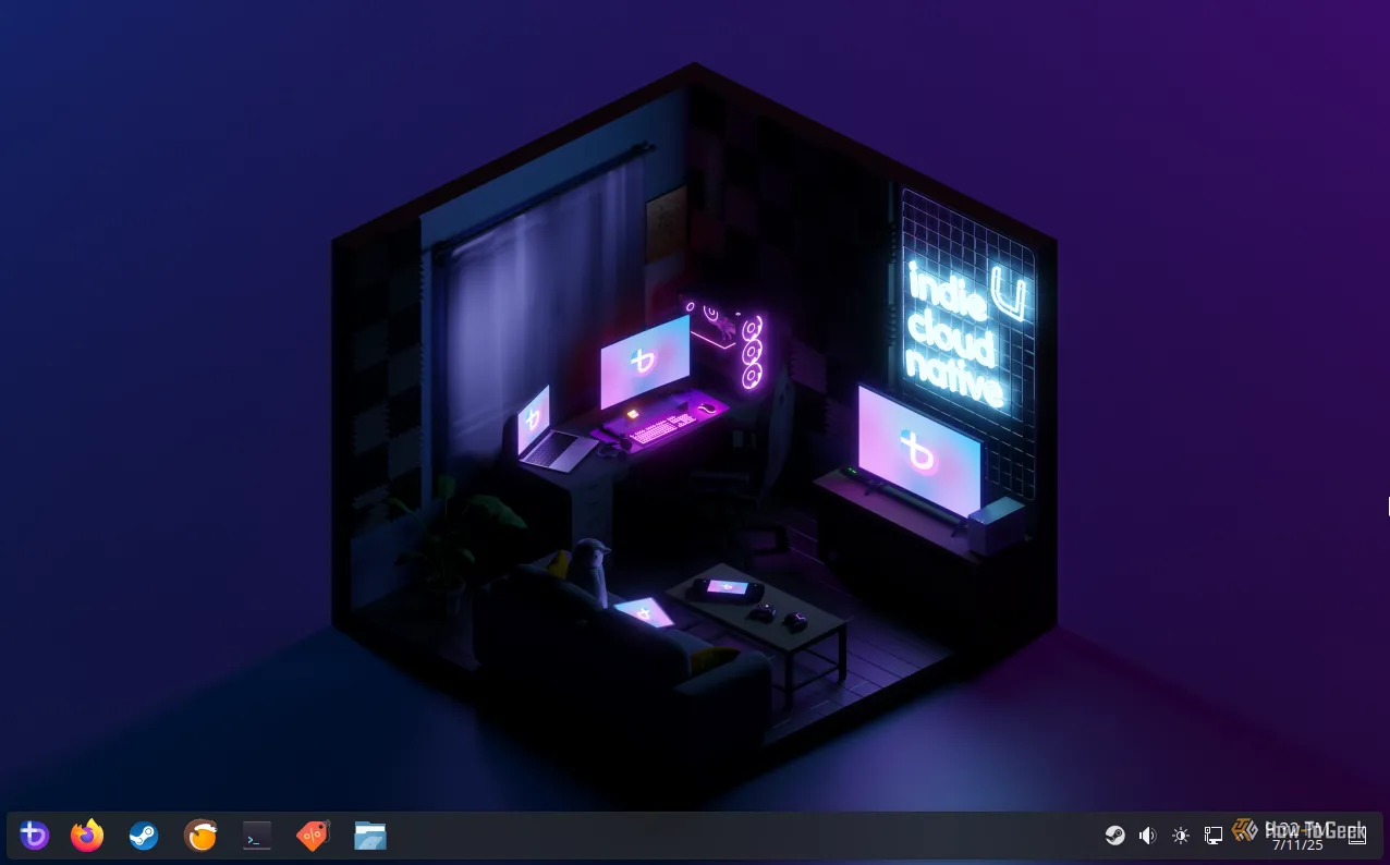 Giao diện desktop Bazzite với hình nền tối và các biểu tượng ứng dụng Steam, Firefox