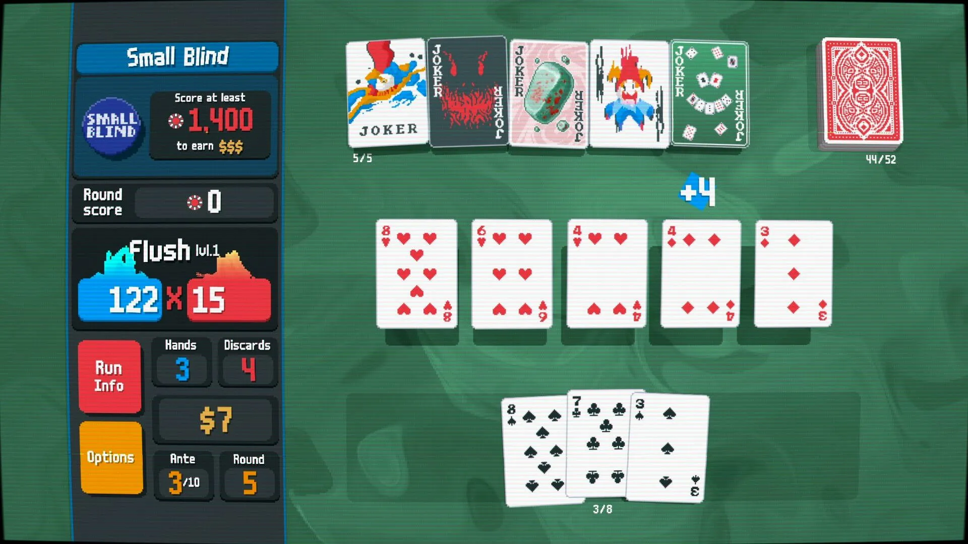Giao diện game Balatro với năm lá bài trên tay, hàng loạt bài Joker và điểm số hiển thị vòng chơi đã thắng.