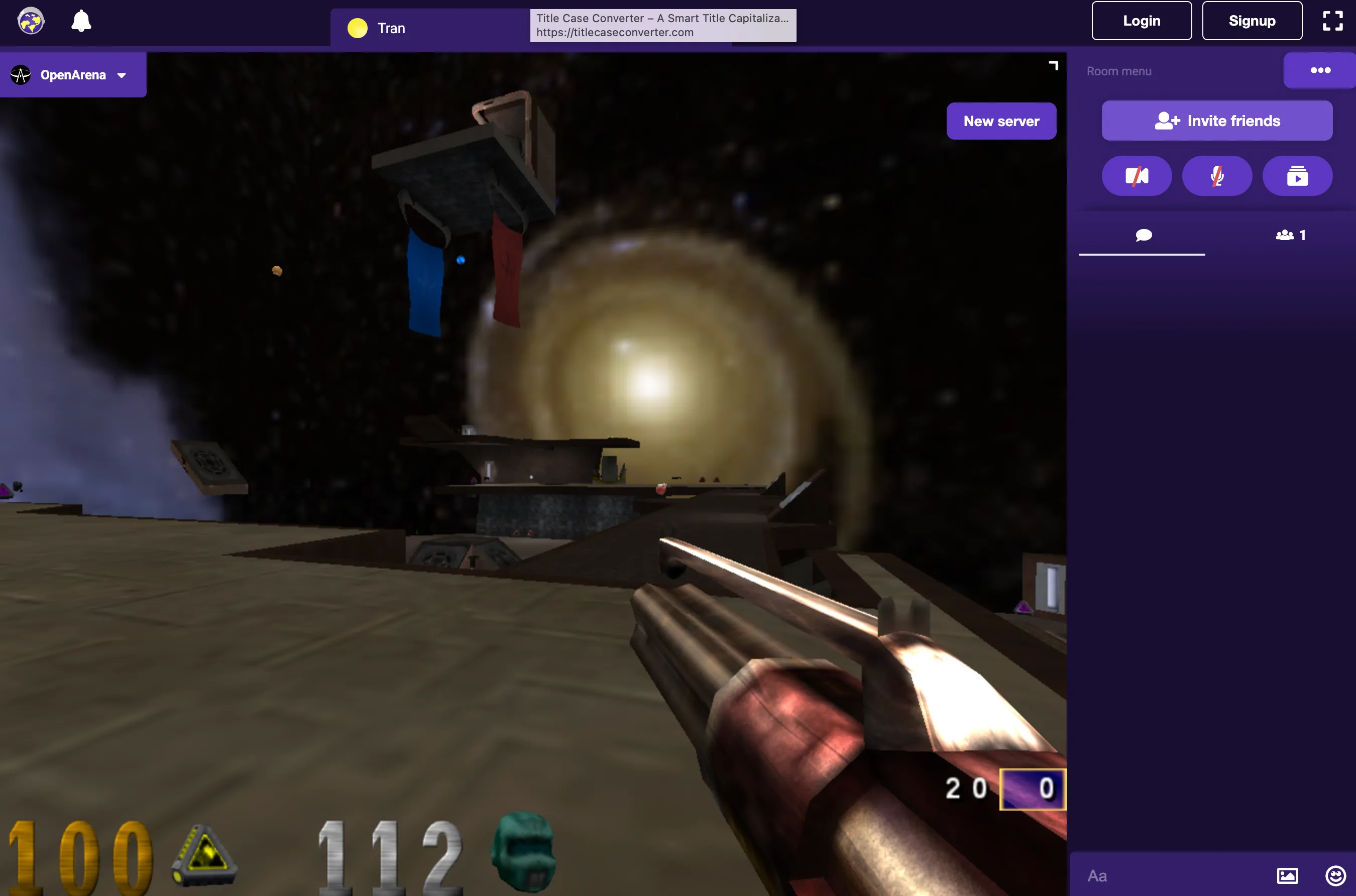 Giao diện game bắn súng góc nhìn thứ nhất OpenArena Live tại thời điểm bắt đầu một trận đấu trong trình duyệt.