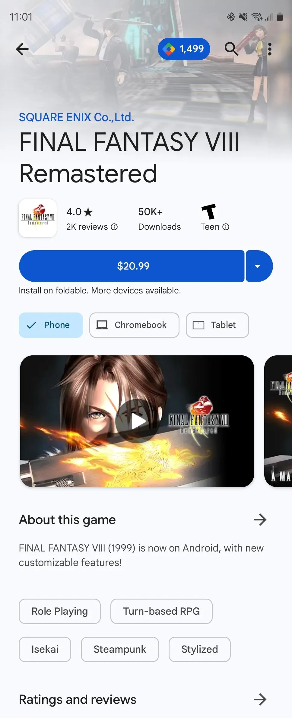 Giao diện game Final Fantasy VIII trên Google Play Store, cho thấy khả năng chơi game cổ điển trên Android.