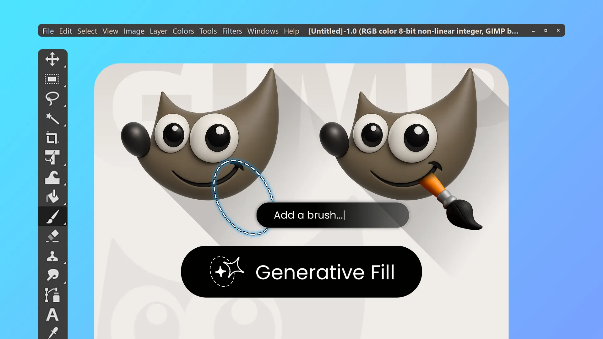Giao diện GIMP với tùy chọn generative fill, minh họa khả năng chỉnh sửa ảnh nâng cao
