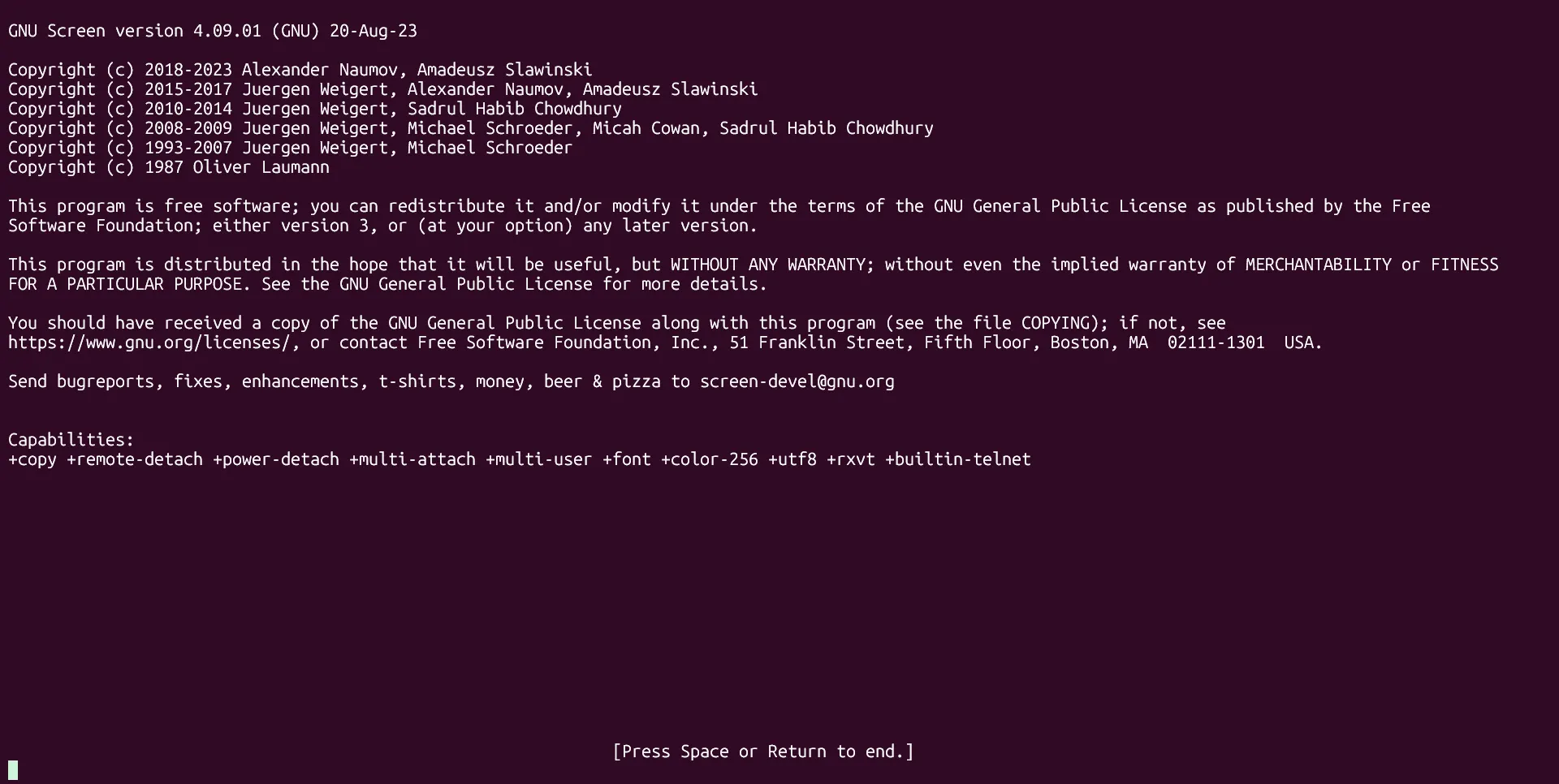 Giao diện GNU Screen chạy trên Ubuntu WSL.