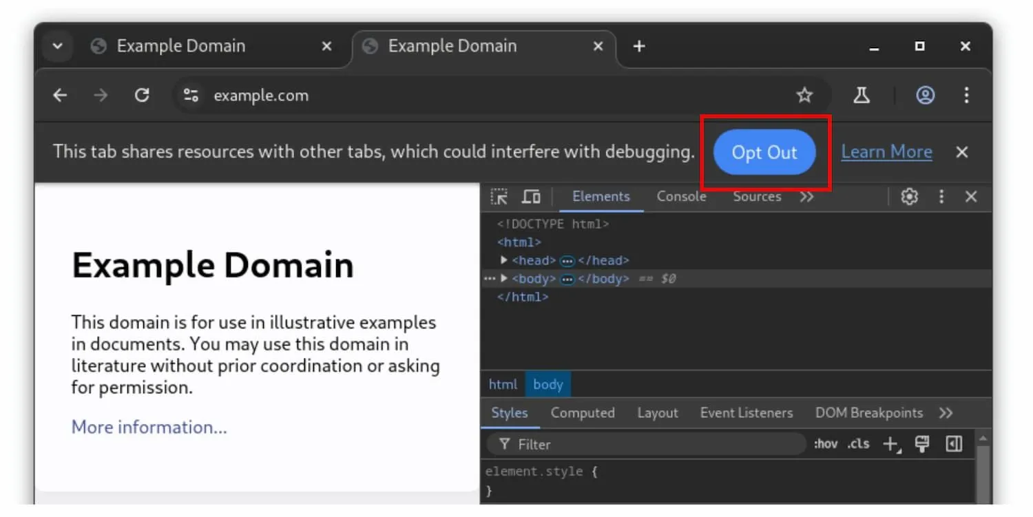 Giao diện Google Chrome hiển thị thông báo hỏi người dùng có muốn tắt tính năng chia sẻ tiến trình để tối ưu trải nghiệm DevTools.
