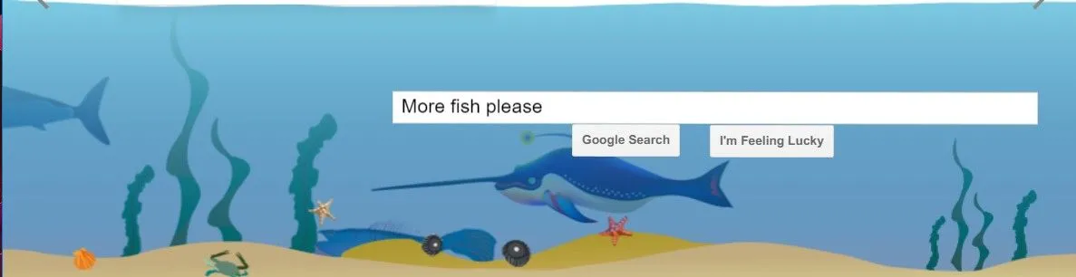 Giao diện Google nổi lềnh bềnh dưới nước với hiệu ứng trọng lực dưới nước trên Elgoog.