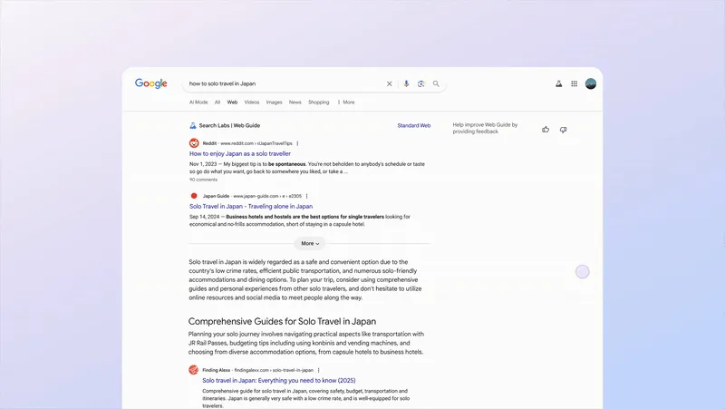 Giao diện Google Web Guide trên máy tính hiển thị cách nhóm các kết quả tìm kiếm theo chủ đề chuyến đi du lịch Nhật Bản