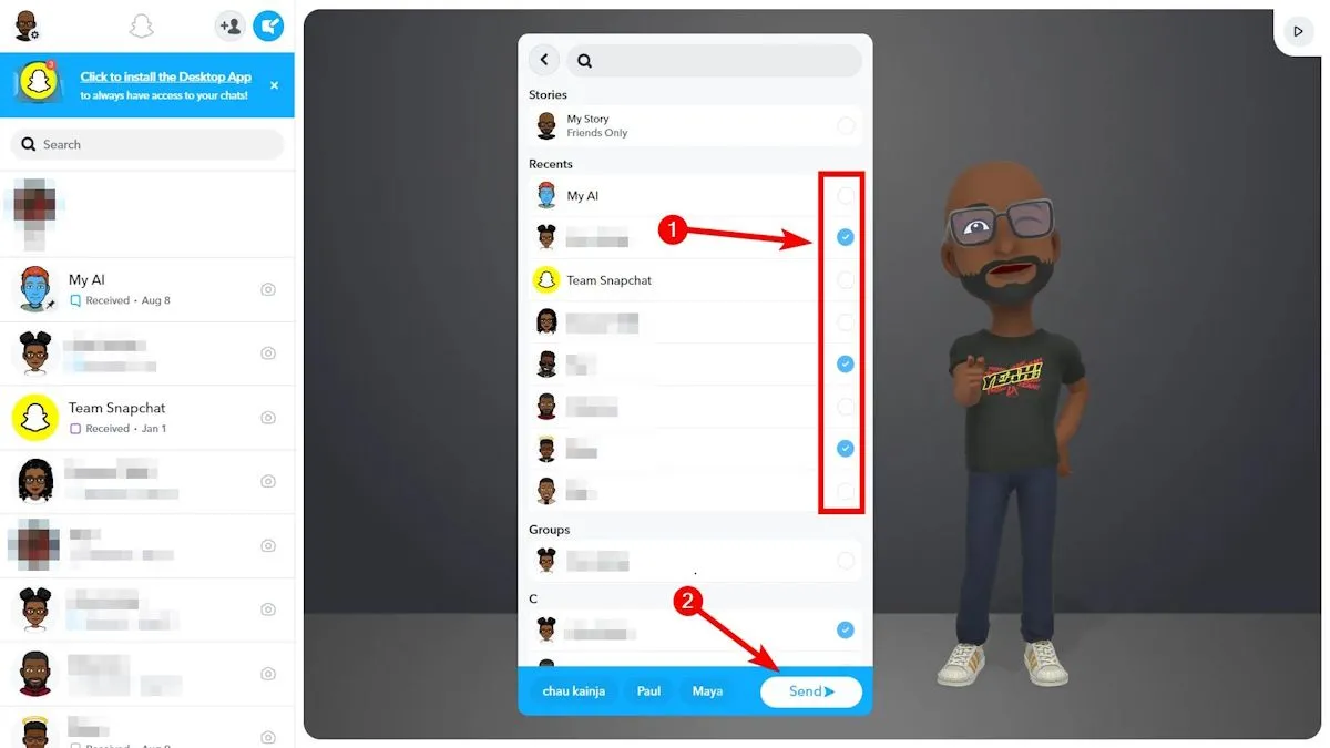 Giao diện gửi Snap tới bạn bè trên Snapchat Web, hiển thị danh sách người nhận và nút gửi.