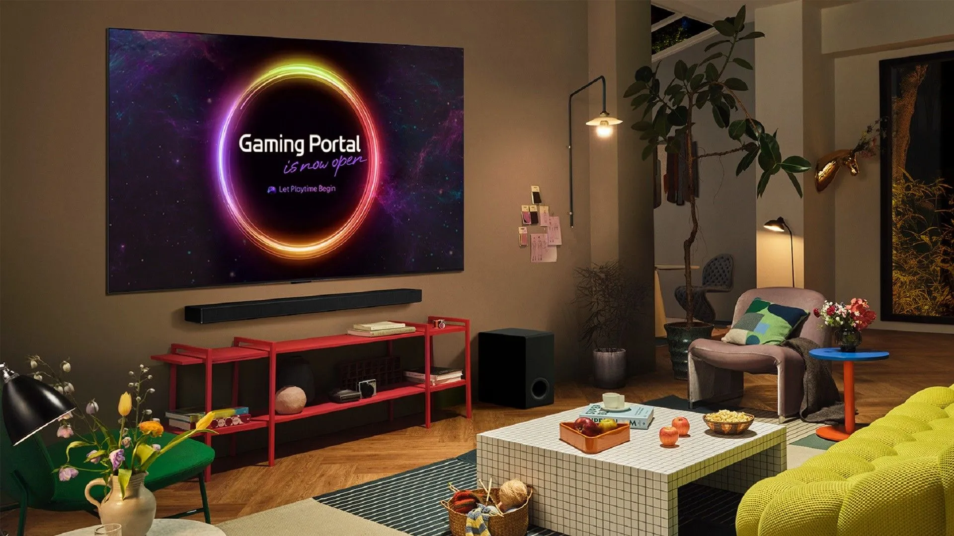 Giao diện LG Gaming Portal hiển thị trên TV trong phòng khách