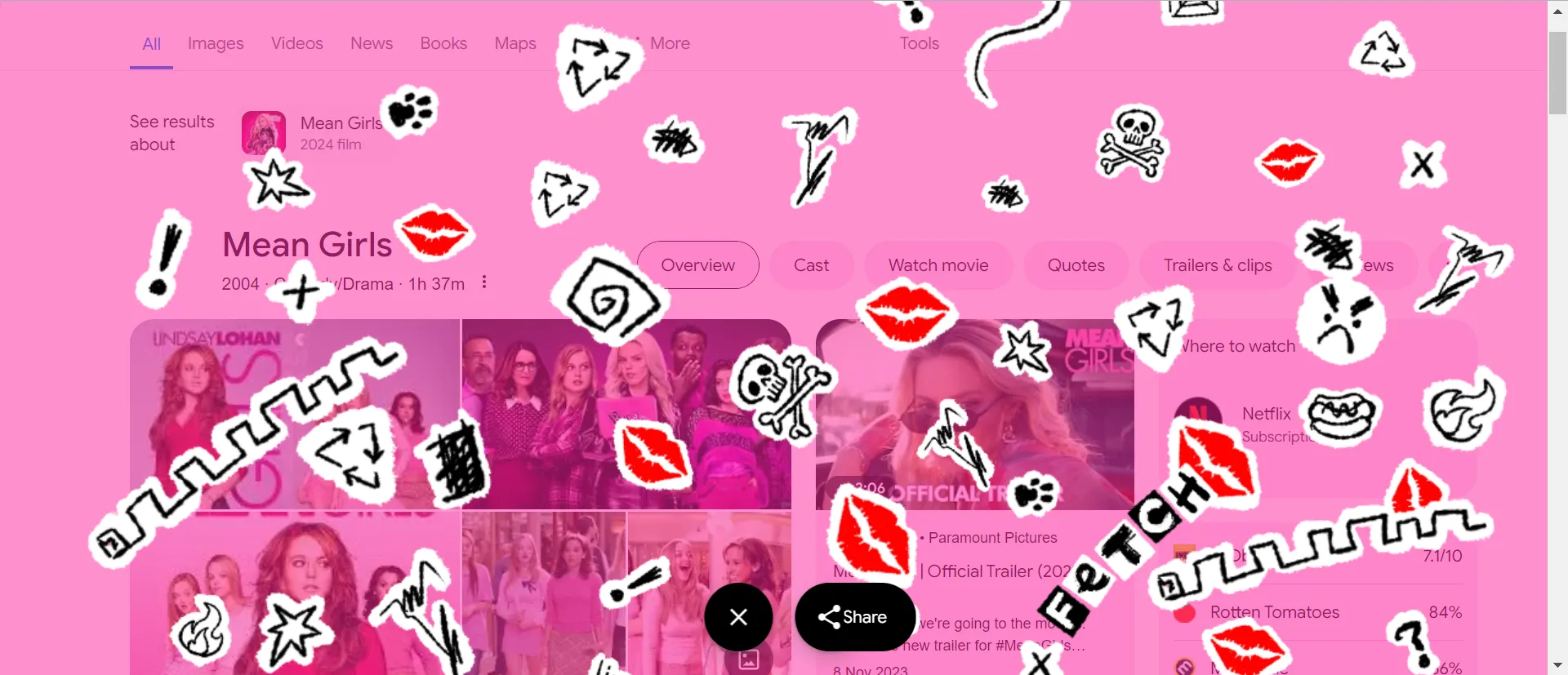 Giao diện màu hồng với các hình vẽ nguệch ngoạc và dấu môi theo phong cách &quot;Burn Book&quot; của Mean Girls trên Google
