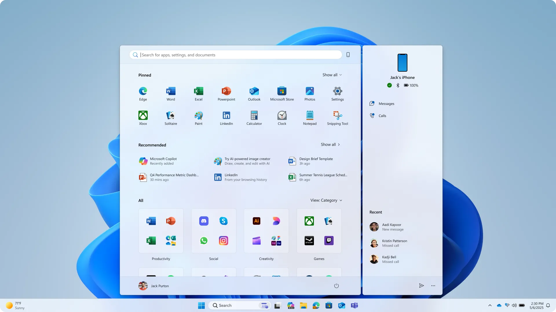 Giao diện Menu Start Windows 11 mới với các nhóm ứng dụng được phân loại