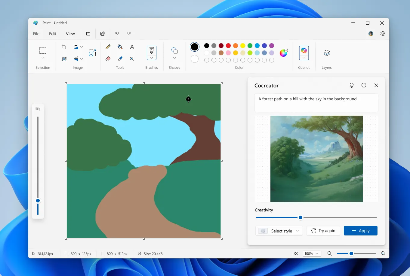 Giao diện Microsoft Paint với bảng điều khiển Cocreator AI được mở hiển thị tính năng tạo hình ảnh