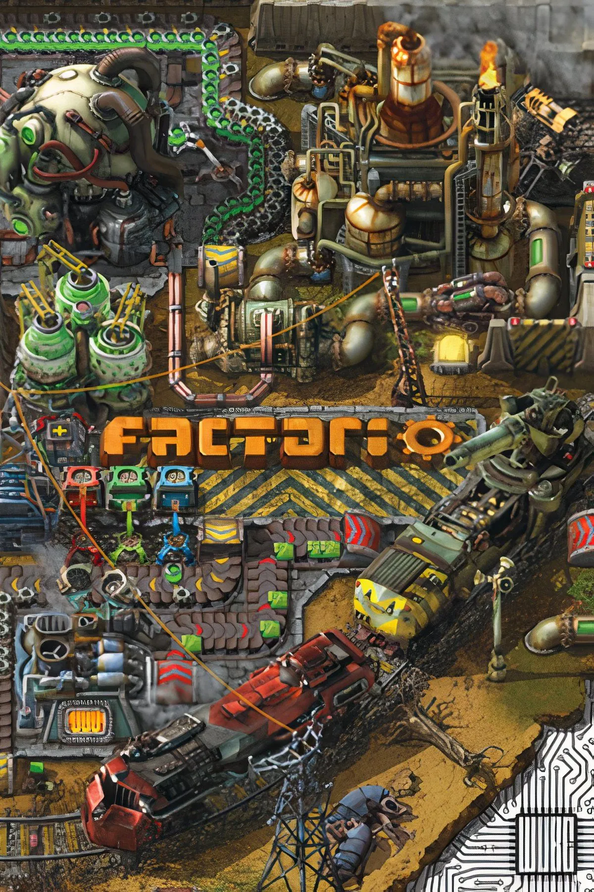 Giao diện nhà máy phức tạp trong game Factorio với hệ thống băng chuyền và dây chuyền sản xuất tự động