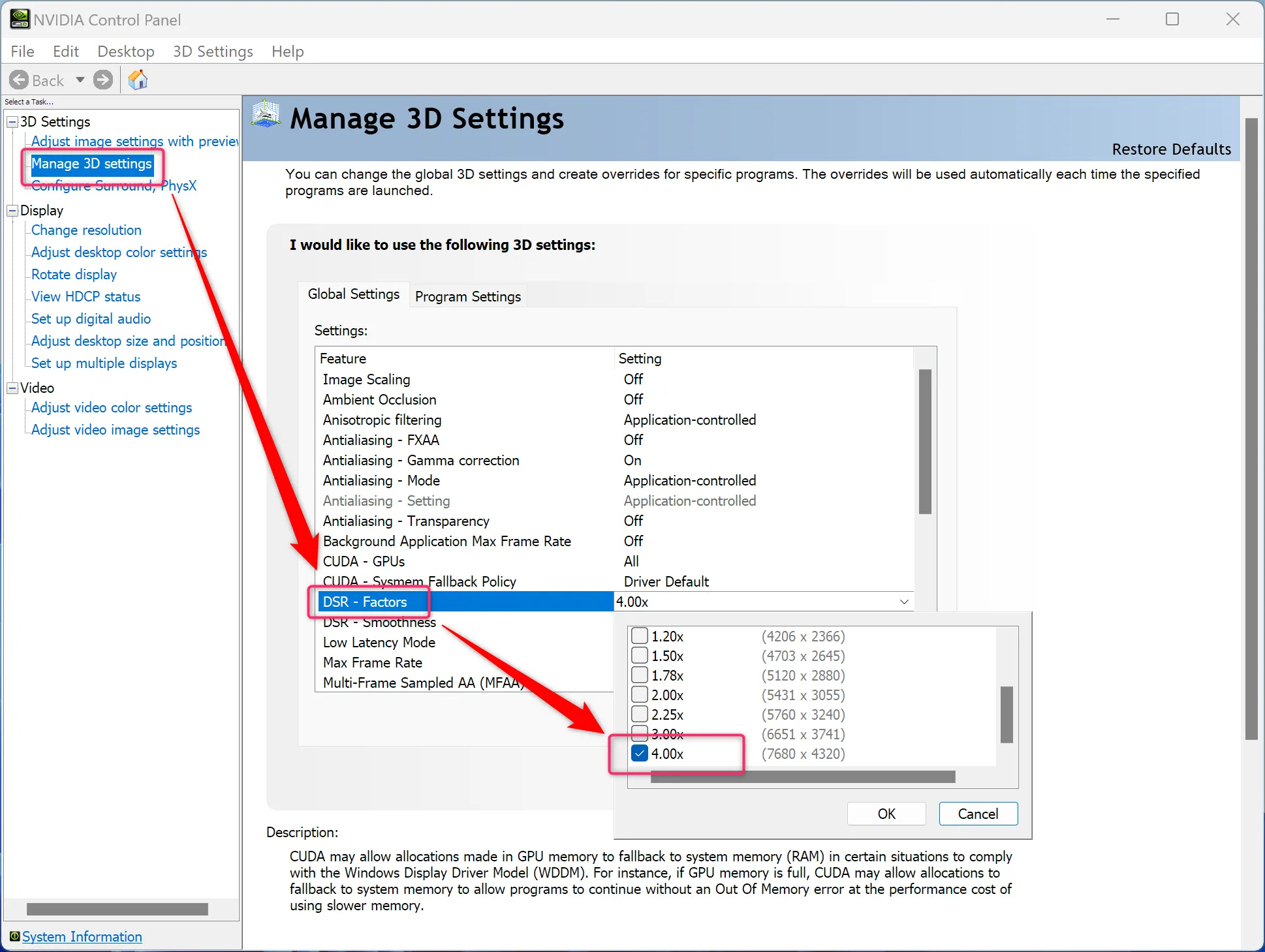 Giao diện NVIDIA Control Panel, cài đặt DSR Factors lên 4.00x (Native Resolution) để kích hoạt supersampling.