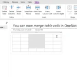 Giao diện OneNote minh họa tính năng gộp ô trong bảng, giúp tổ chức thông tin trực quan hơn
