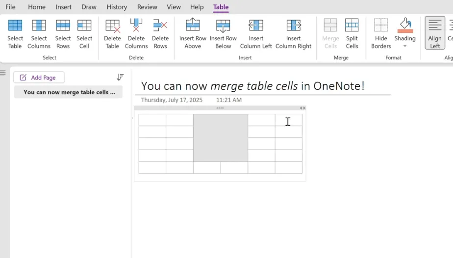 Giao diện OneNote minh họa tính năng gộp ô trong bảng, giúp tổ chức thông tin trực quan hơn