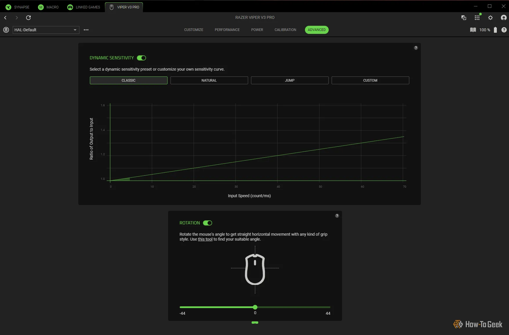 Giao diện phần mềm Razer Synapse hiển thị các tùy chọn cài đặt đường cong gia tốc cho chuột Razer Viper V3 Pro.