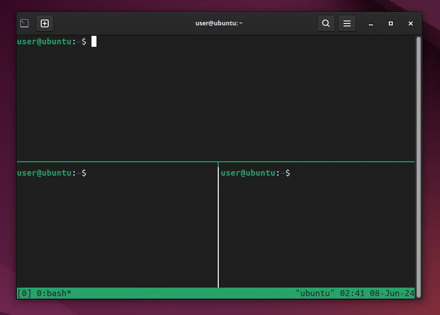 Giao diện phần mềm tmux trên Terminal Linux, minh họa cửa sổ được chia thành nhiều ô (panes) theo chiều ngang và dọc.