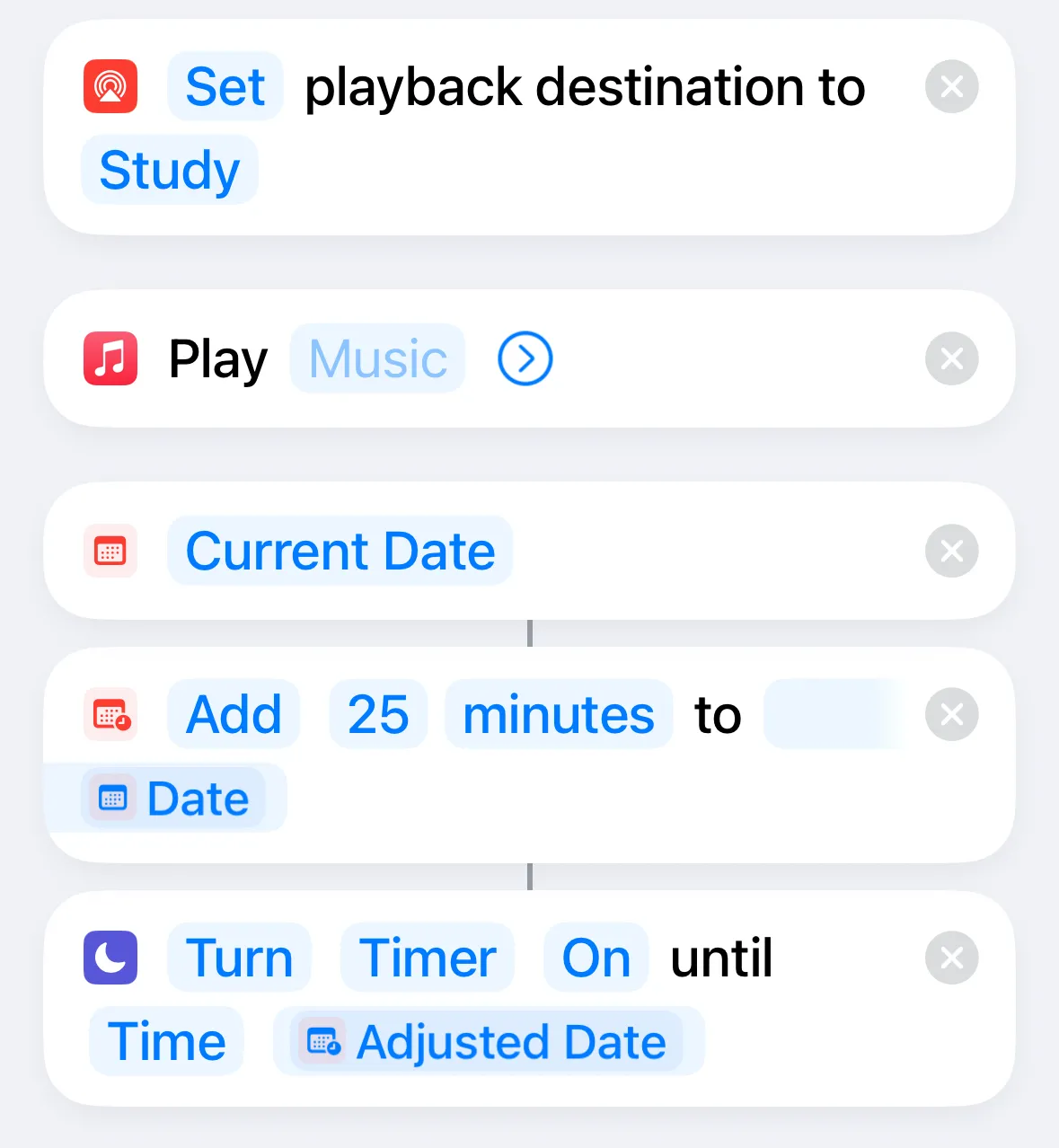 Giao diện phím tắt &quot;Bắt đầu Hẹn giờ Pomodoro&quot; hoàn chỉnh trên iPhone với các hành động như Thay đổi điểm đến phát lại, Phát nhạc, Điều chỉnh ngày và Đặt Tập trung.