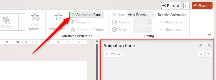 Giao diện PowerPoint với tab Animations, biểu tượng Animation Pane và ngăn Hoạt hình hiển thị bên phải.