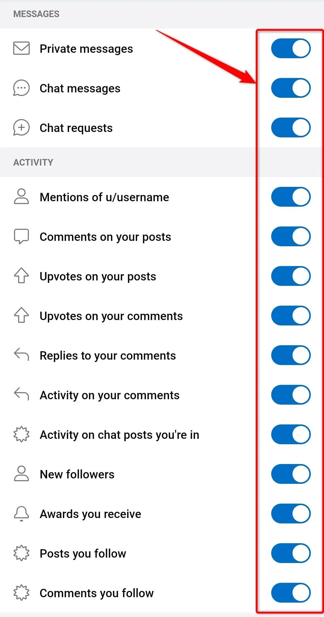Giao diện quản lý thông báo trong ứng dụng Reddit