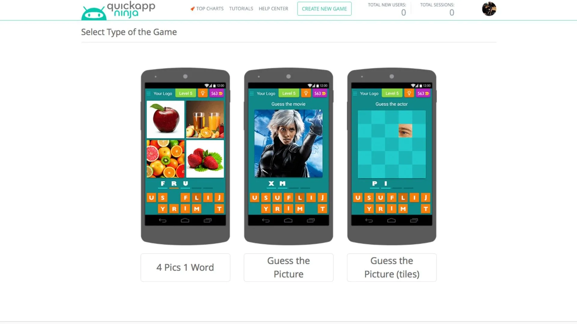 Giao diện QuickAppNinja với một câu đố game, thể hiện khả năng tạo game đố vui Android không cần code