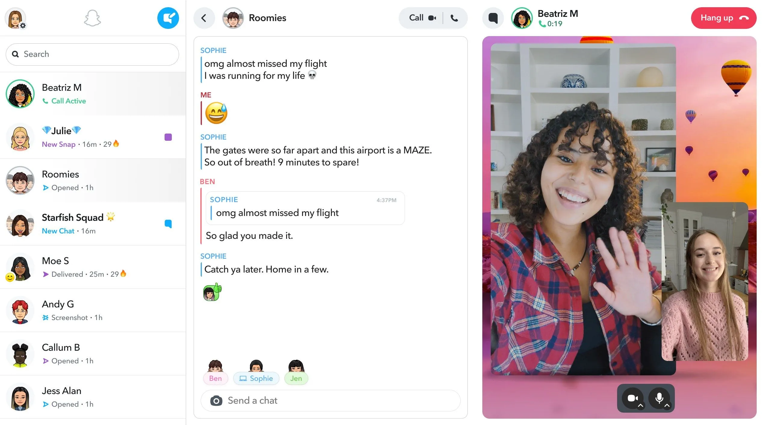 Giao diện Snapchat Web trên máy tính, hiển thị danh sách bạn bè, cuộc trò chuyện và phần xem Story.